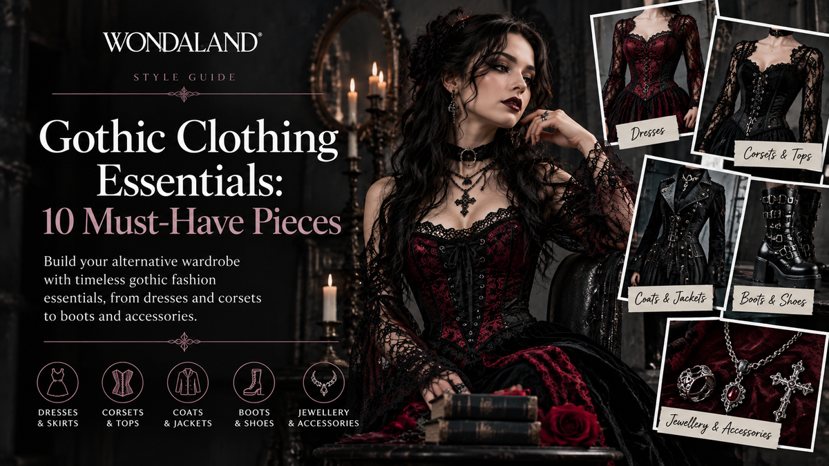 Gothic clothing essentials editorial featuring a dark outfit, gothic dresses, corsets, boots, jackets and jewellery