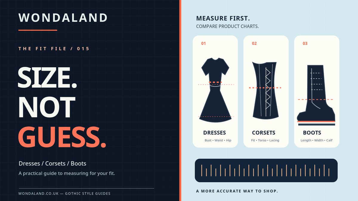 Wondaland technical gothic clothing fit guide with dress, corset and boot measurement illustrations