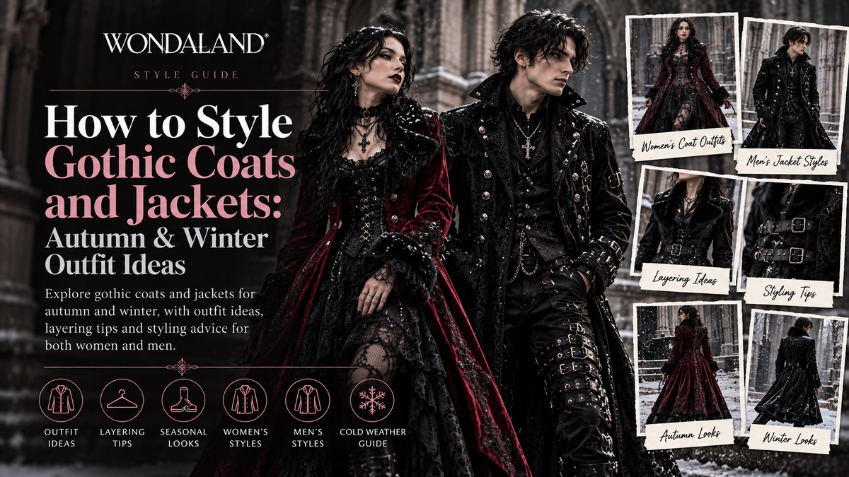 Gothic coats and jackets outfit guide featuring long black and burgundy coats, dark winter layers and fashion for women and men