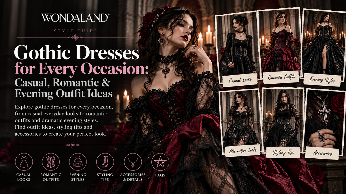 Gothic dresses outfit inspiration featuring casual black dresses, romantic burgundy gowns and dramatic evening dress styles