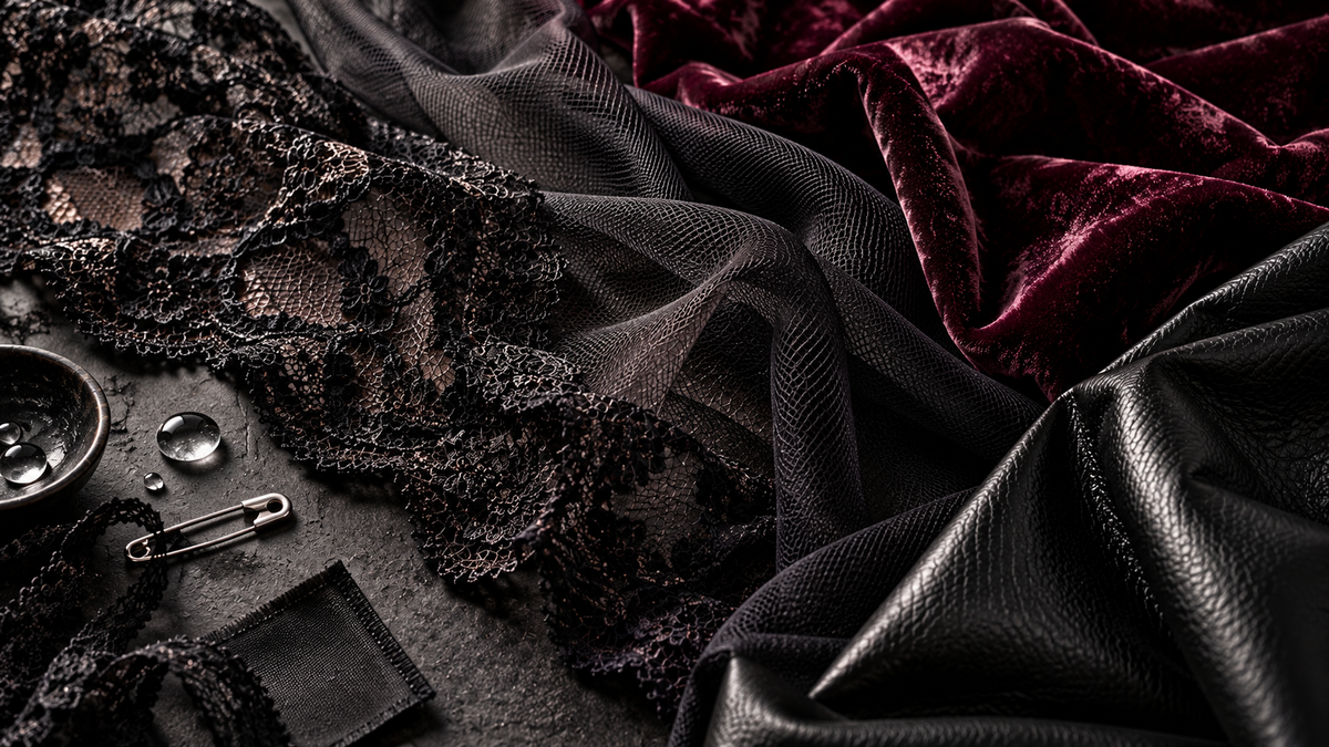 Close-up fabric textures of black lace, sheer mesh, burgundy velvet and faux leather for gothic clothing care guide