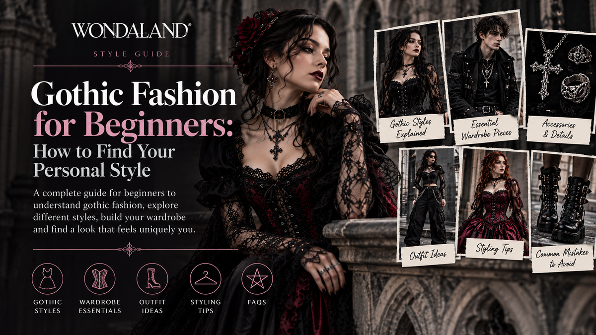 Gothic fashion beginner's guide featuring dark alternative outfits, lace, jewellery, coats and boots