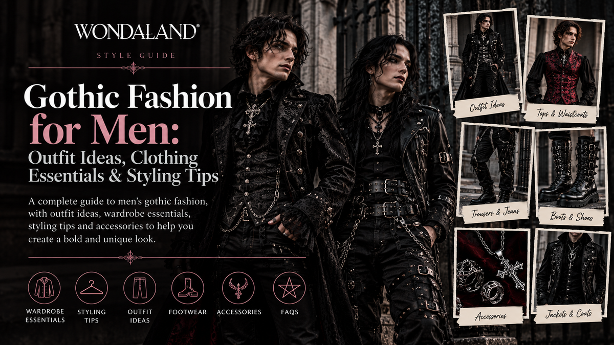 Wondaland men's gothic fashion guide featuring black jackets, dark trousers, boots, jewellery and alternative outfit ideas