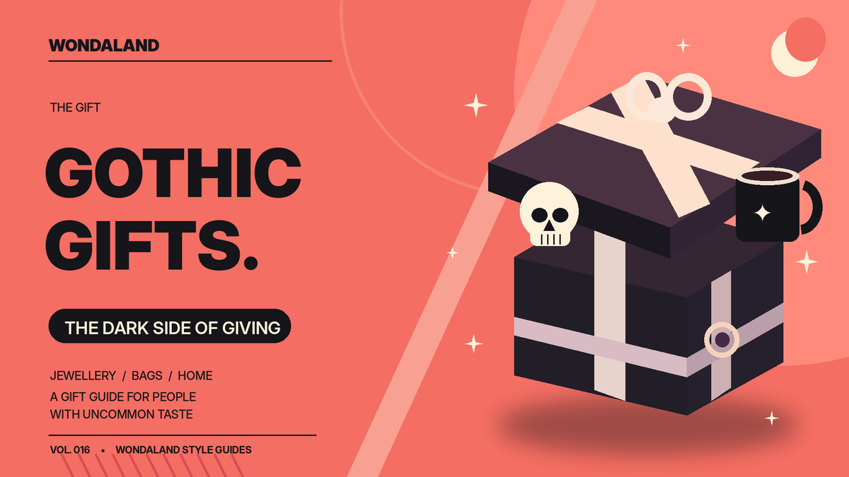 Coral graphic gothic gift guide cover showing a black gift box, skull ornament and gothic mug