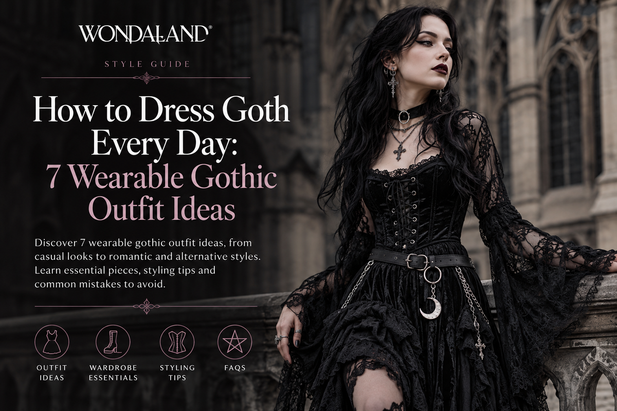 Gothic style guide with black lace outfit inspiration and seven wearable everyday goth outfit ideas