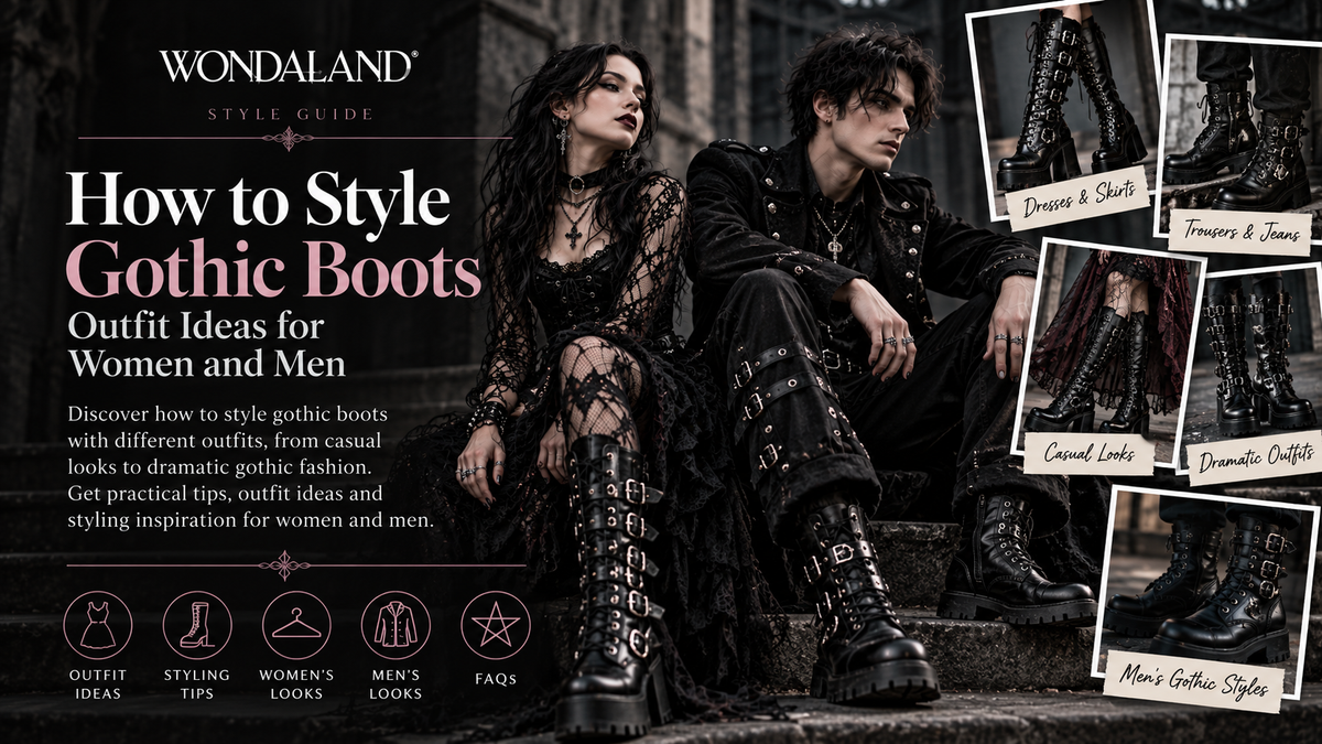 Gothic boots styling editorial showing black lace outfits, platform boots and layered gothic fashion for women and men
