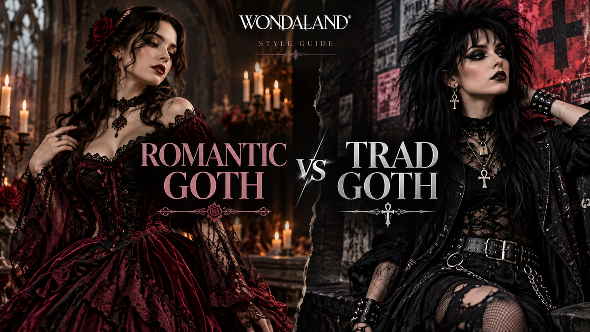 Side-by-side romantic goth and traditional goth outfits, with burgundy lace, dark dresses, black layered clothing and punk-inspired accessories