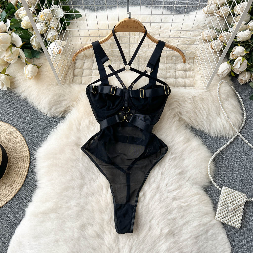 Women's Black Gothic Harness Bodysuit – S–L