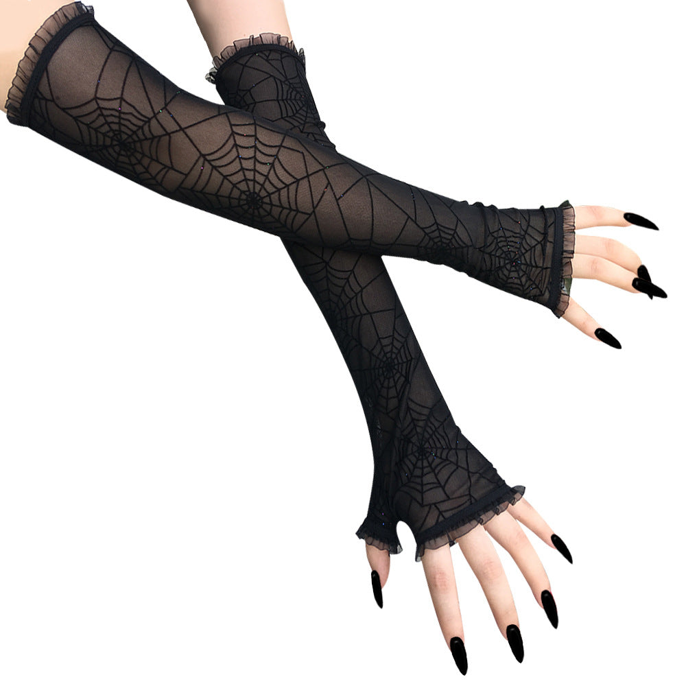 Women's Long Spider Web Fingerless Gloves