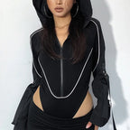 Women's Black Hooded Long-Sleeve Bodysuit – S–L