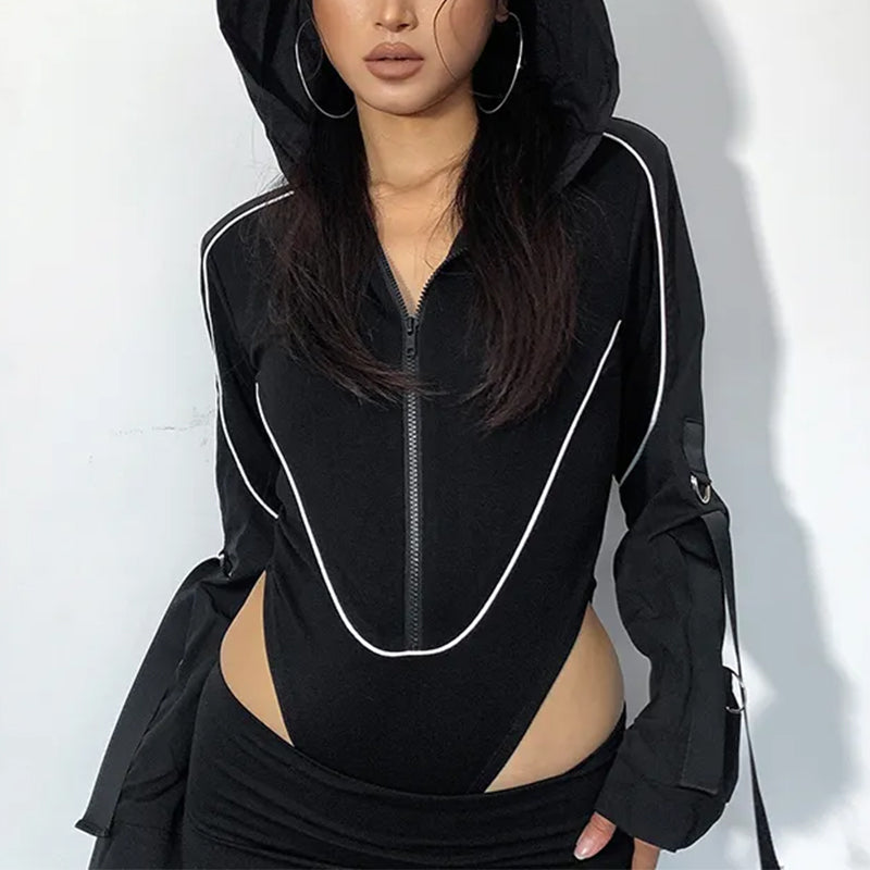 Women's Black Hooded Long-Sleeve Bodysuit – S–L