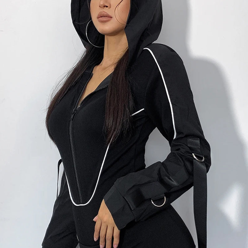 Women's Black Hooded Long-Sleeve Bodysuit – S–L