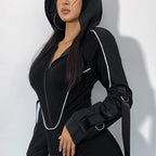 Women's Black Hooded Long-Sleeve Bodysuit – S–L