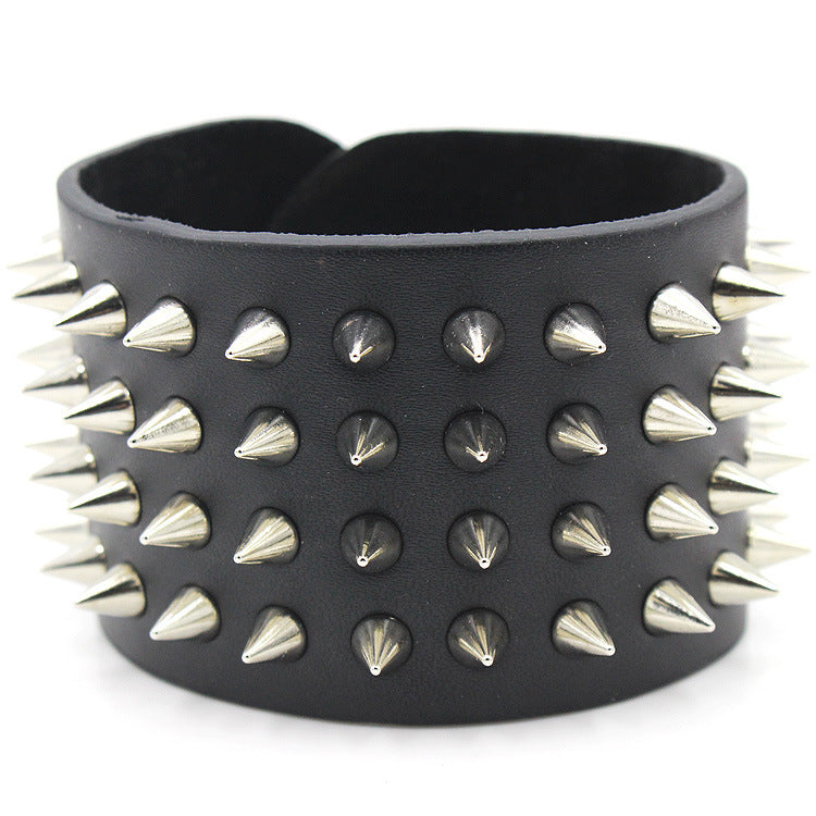 Black Gothic Four-Row Spiked Cuff Bracelet – 22.5cm