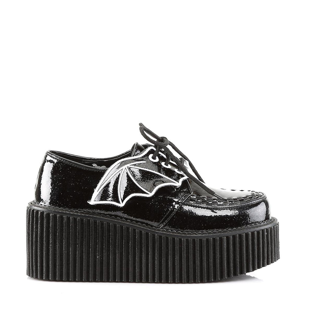 Women's Black Glitter Creeper Shoes with Bat Wings