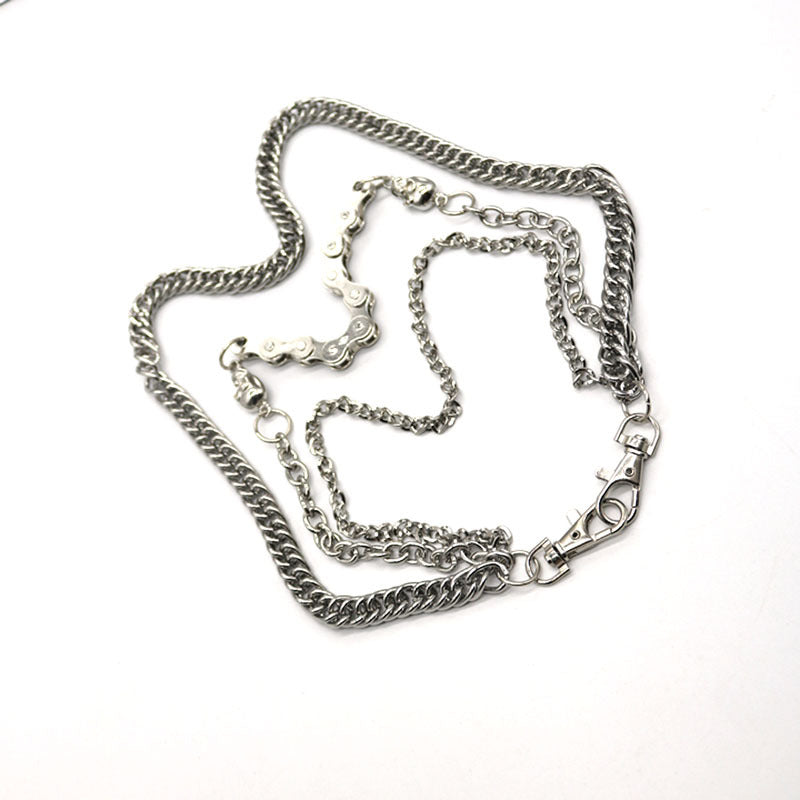Gothic Triple-Layer Skull Belt Chain – Silver