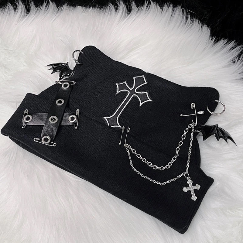 Women's Gothic Beanie – Black, Red & Silver