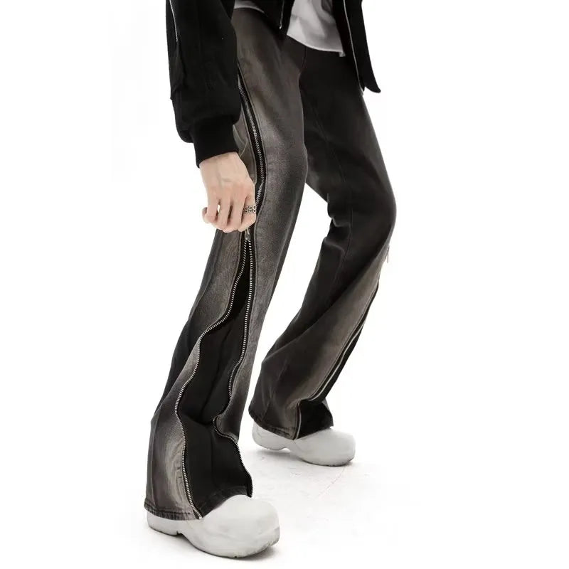 Men's Black Gothic Split-Zip Flare Jeans – Washed Y2K
