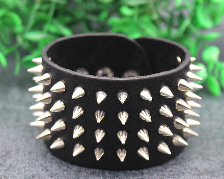 Black Gothic Four-Row Spiked Cuff Bracelet – 22.5cm