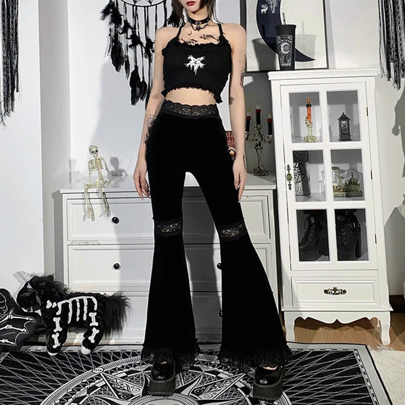 Women's Black Lace High-Waist Flared Trousers – S–L