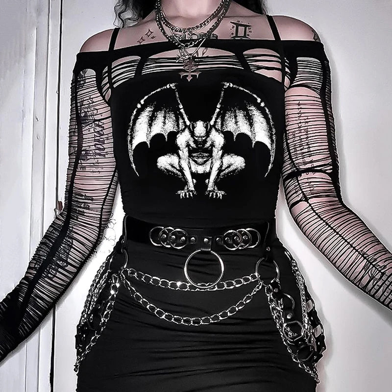 Women's Black Demon Print Gothic Crop Top