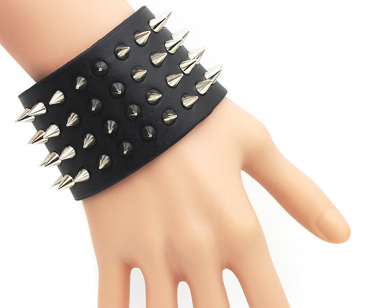 Black Gothic Four-Row Spiked Cuff Bracelet – 22.5cm