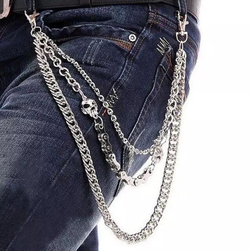 Gothic Triple-Layer Skull Belt Chain – Silver