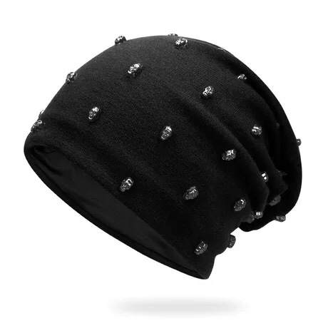 Gothic Mini Skull Beanie – Black Grunge Knit Hat