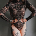 Women's Black Gothic Print Bodysuit – S–L