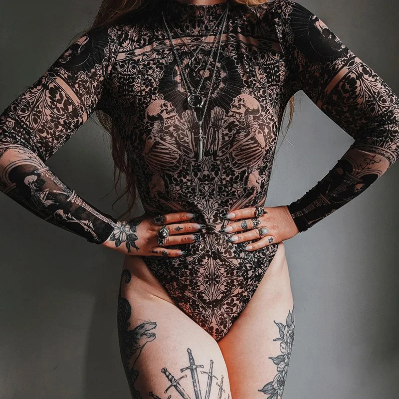 Women's Black Gothic Print Bodysuit – S–L
