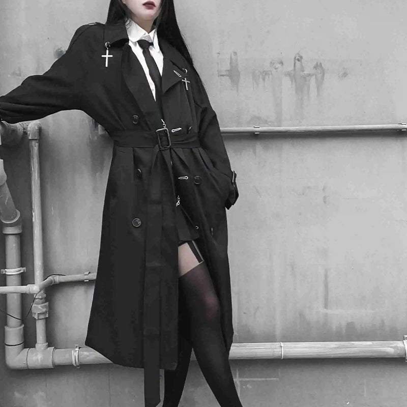 Women's Black Long Trench Coat – S–L