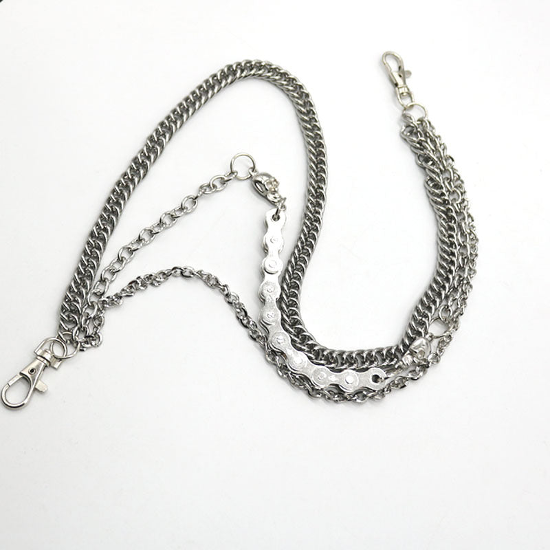 Gothic Triple-Layer Skull Belt Chain – Silver