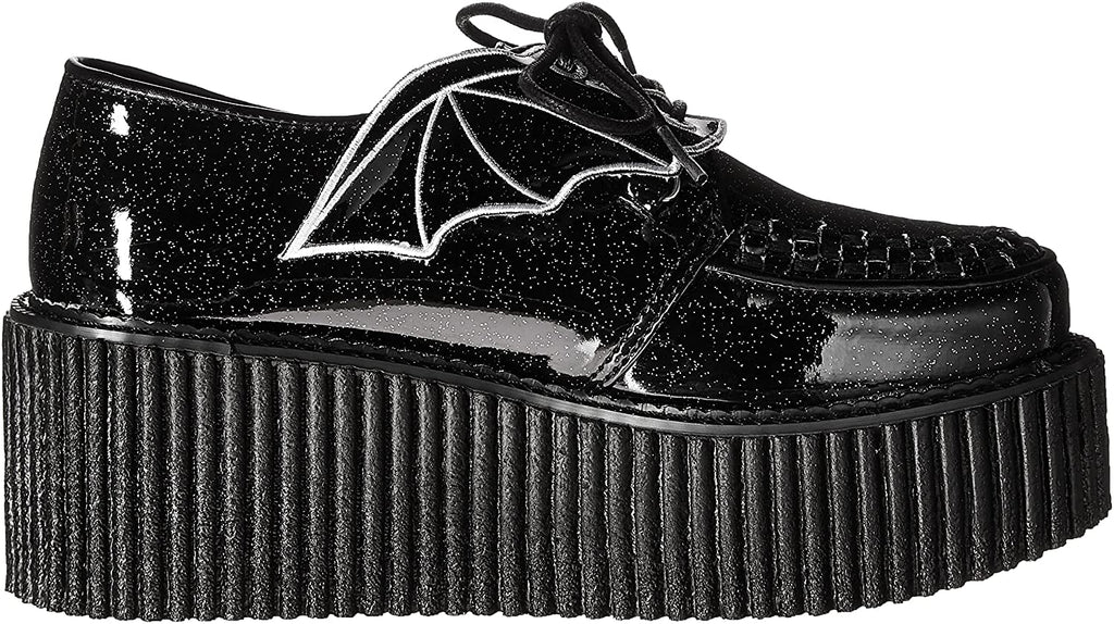 Women's Black Glitter Creeper Shoes with Bat Wings