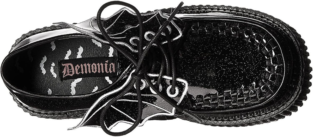Women's Black Glitter Creeper Shoes with Bat Wings