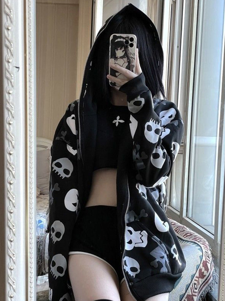 Women's Skull Hoodie – Black, Oversized Fit