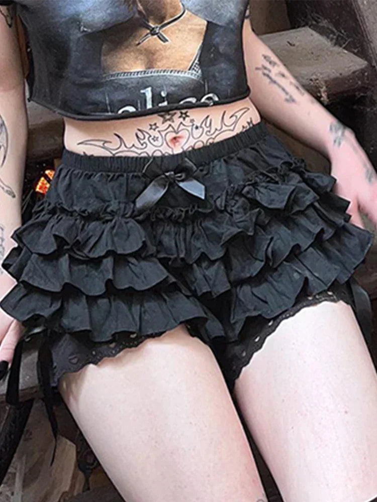 Women's Black Lolita Lace Bow Shorts – S–L