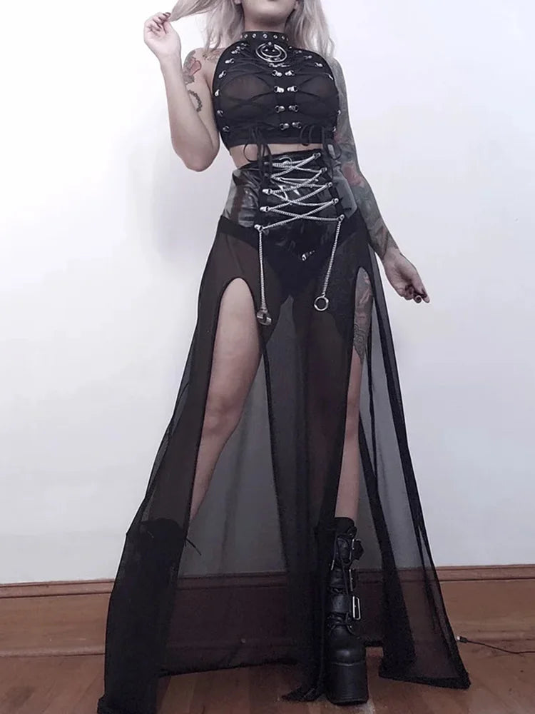 Women's Black Gothic Mesh Patchwork Skirt