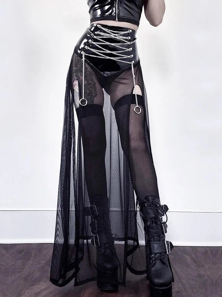 Women's Black Gothic Mesh Patchwork Skirt
