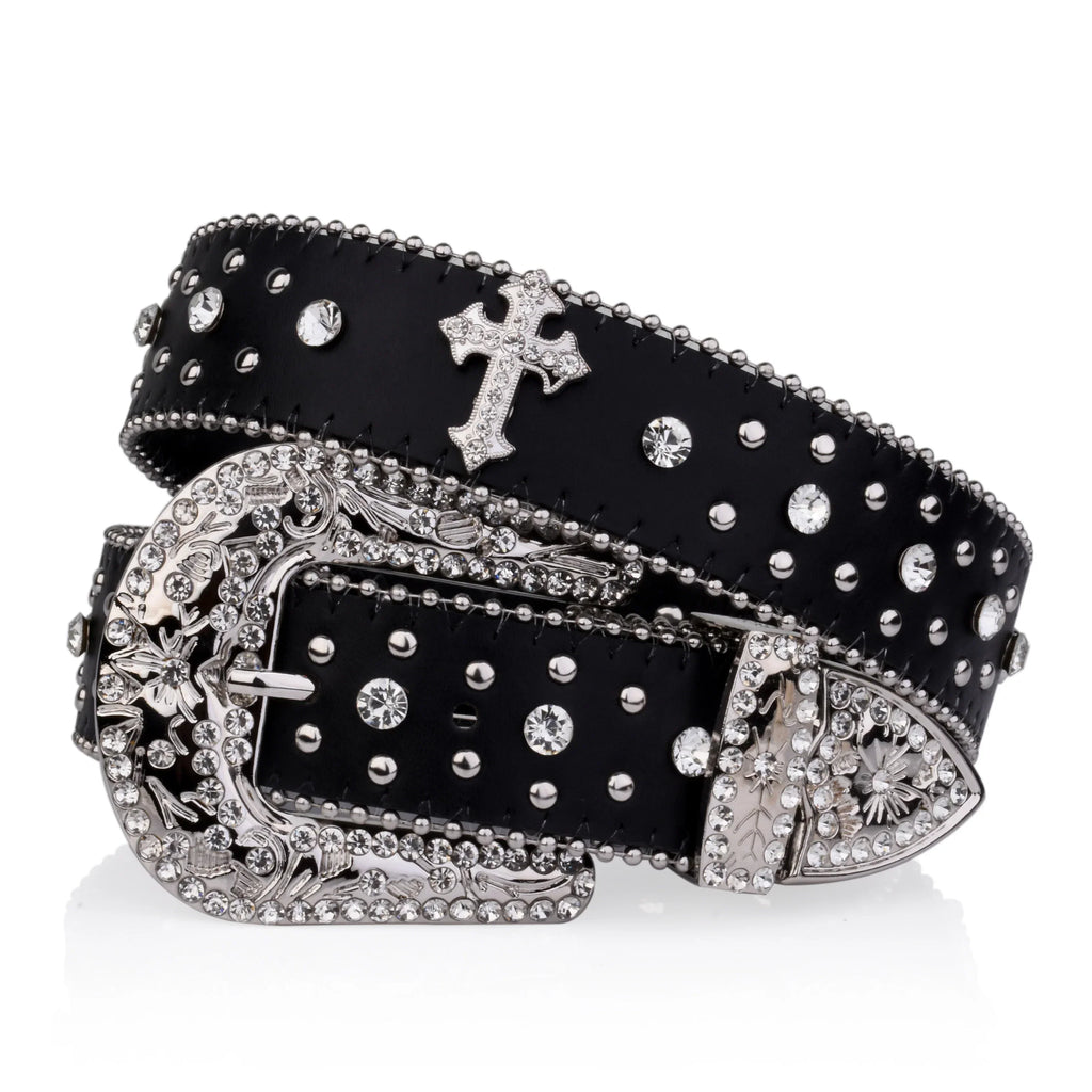 Black Gothic Cross Rivet Belt with Rhinestone Buckle
