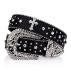 Black Gothic Cross Rivet Belt with Rhinestone Buckle