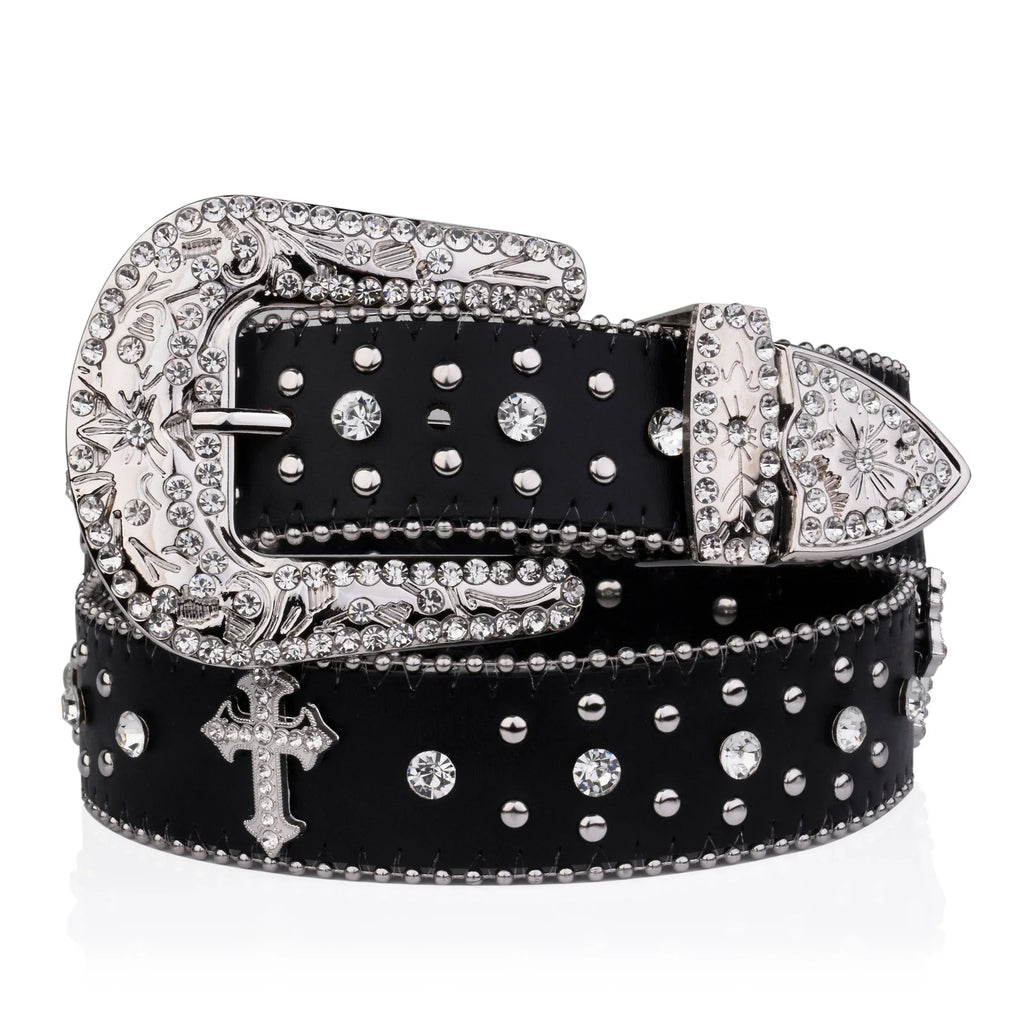 Black Gothic Cross Rivet Belt with Rhinestone Buckle