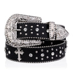 Black Gothic Cross Rivet Belt with Rhinestone Buckle