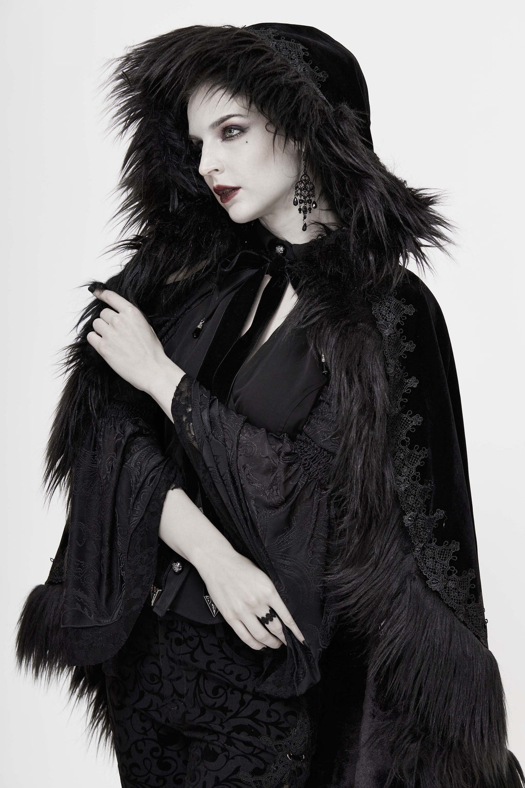 Black Gothic Faux Fur Trim Hooded Cloak