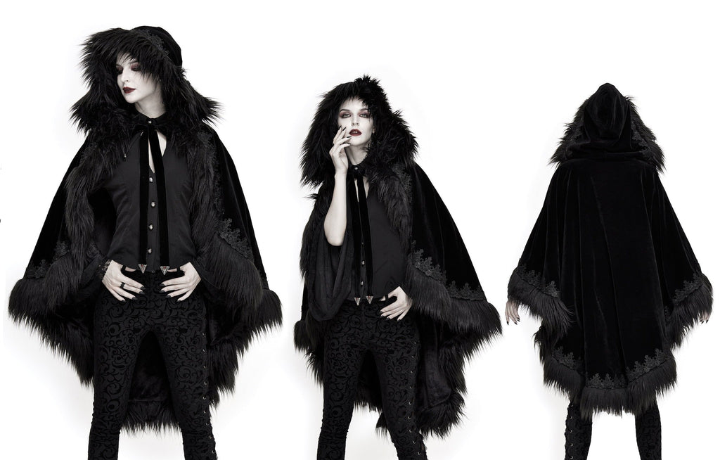 Black Gothic Faux Fur Trim Hooded Cloak