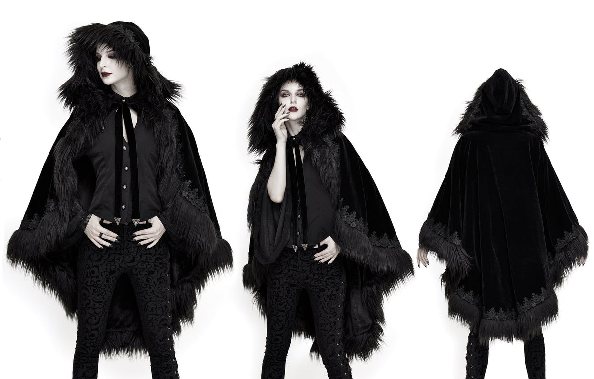 Black Gothic Faux Fur Trim Hooded Cloak