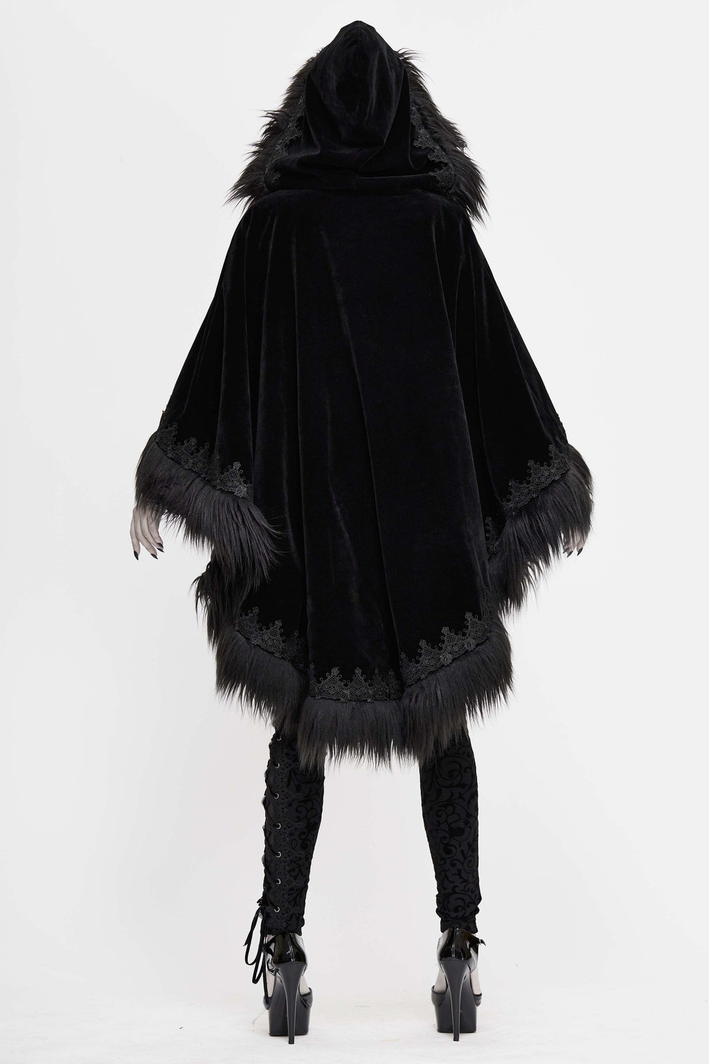 Black Gothic Faux Fur Trim Hooded Cloak