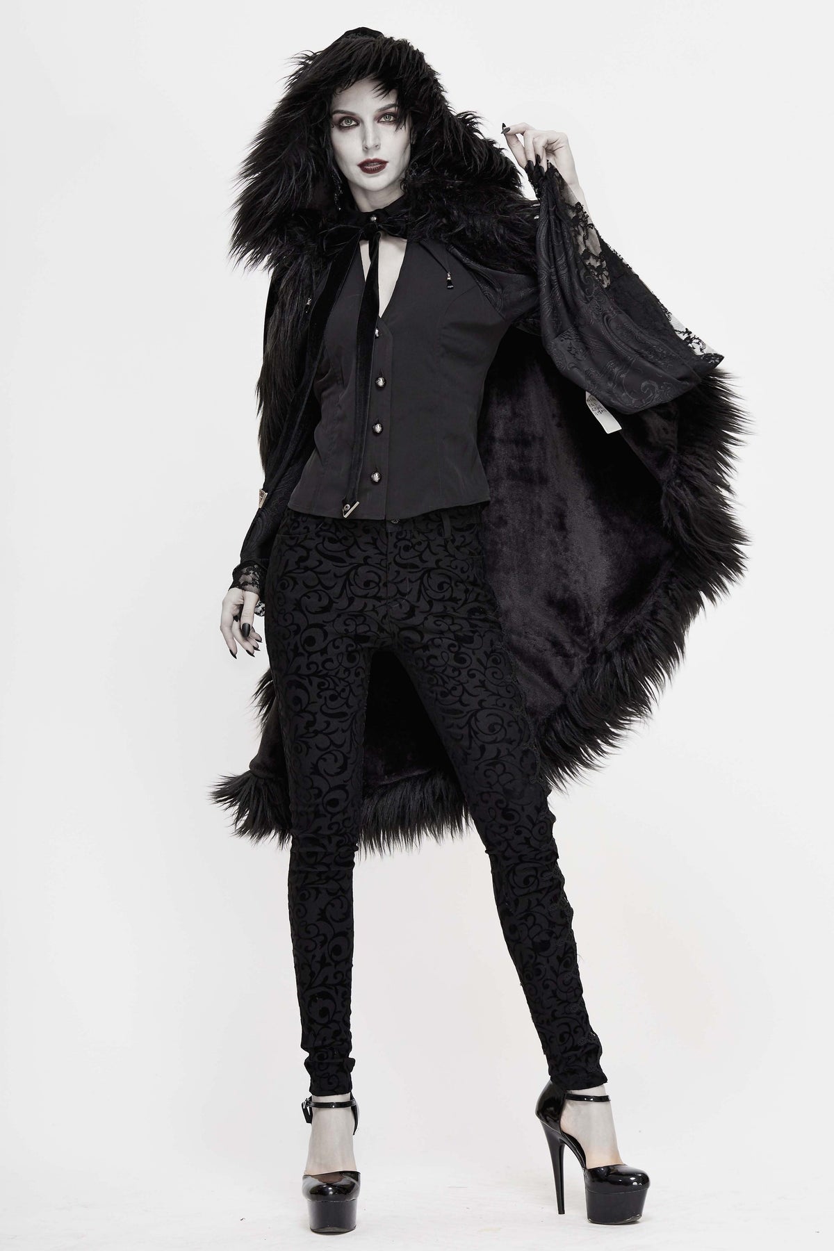 Black Gothic Faux Fur Trim Hooded Cloak