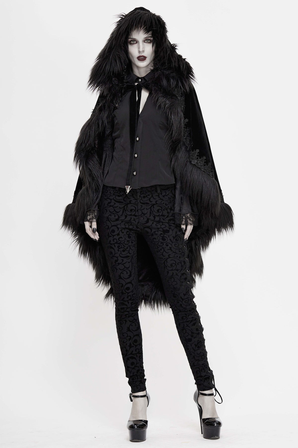 Black Gothic Faux Fur Trim Hooded Cloak
