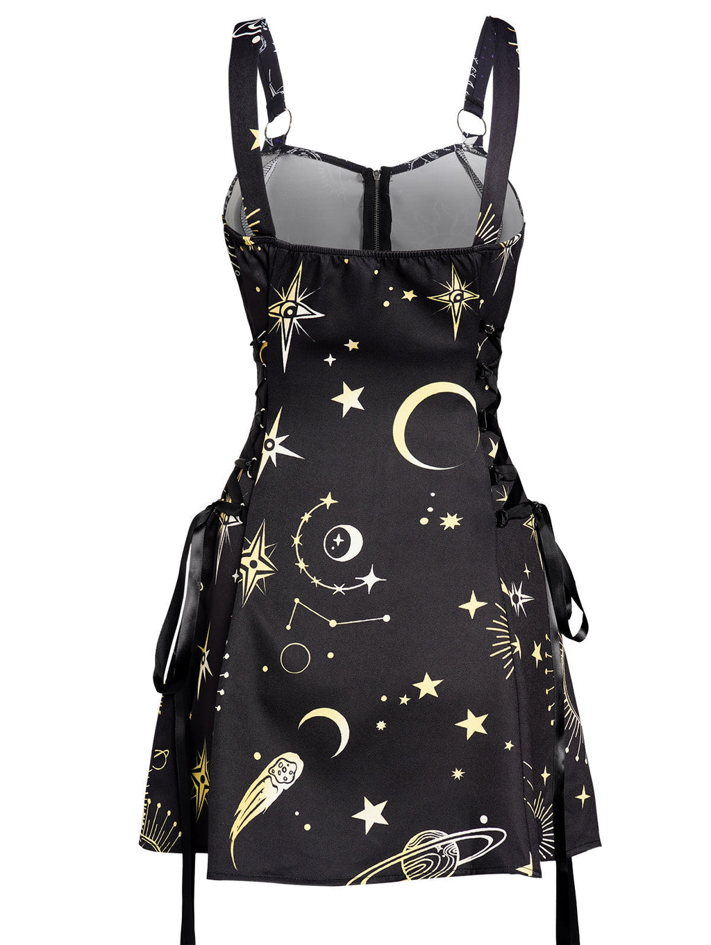Women's Black Celestial Sun & Moon Lace-Up Mini Dress – S–XXL