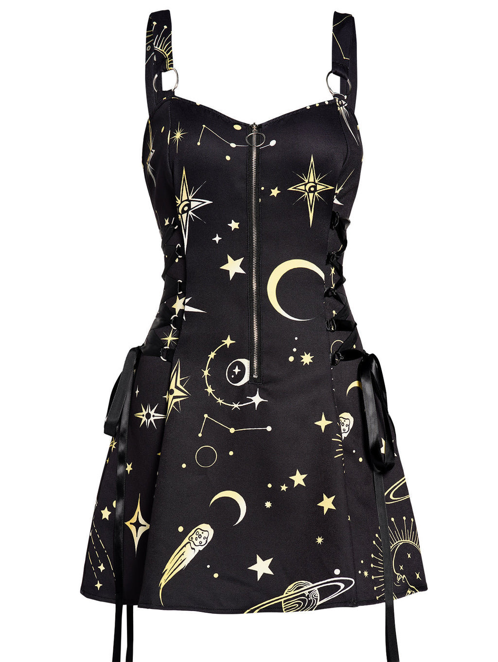 Women's Black Celestial Sun & Moon Lace-Up Mini Dress – S–XXL
